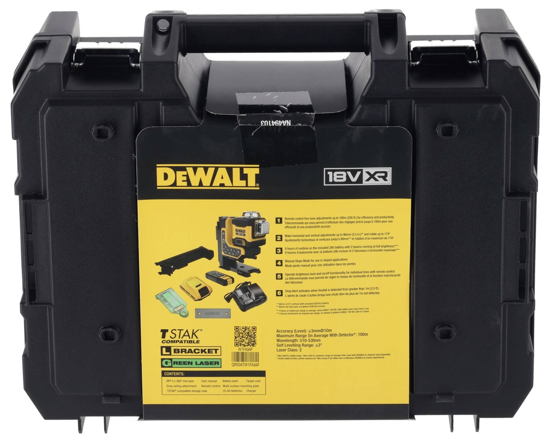 Boîte de transport noire avec autocollant jaune 'Dewalt 18V XR', montrant l'image d'un laser, ses accessoires et ses spécifications techniques.