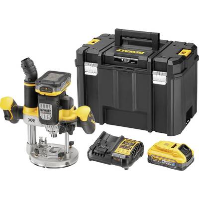 'Défonceuse avec accessoires : batterie, chargeur et mallette de transport de DeWALT. Design jaune et noir, adapté pour le travail du bois.'