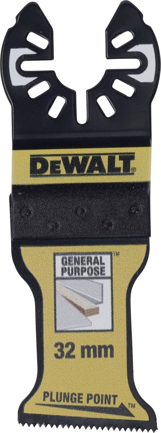 Sur l'image, on peut voir une lame de scie universelle DeWalt pour outils oscillants, d'une largeur de 32 mm, adaptée à divers matériaux.
