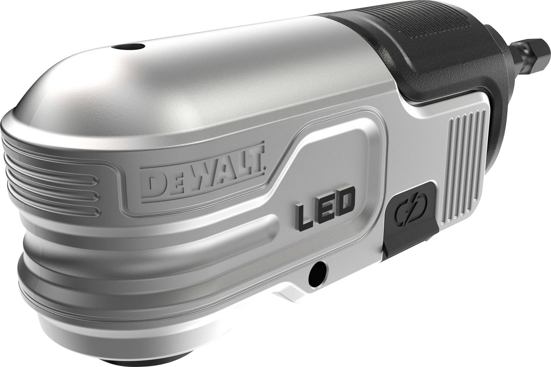 Un outil LED portable argenté de DeWalt avec une poignée antidérapante, adapté aux travaux de construction et de rénovation.