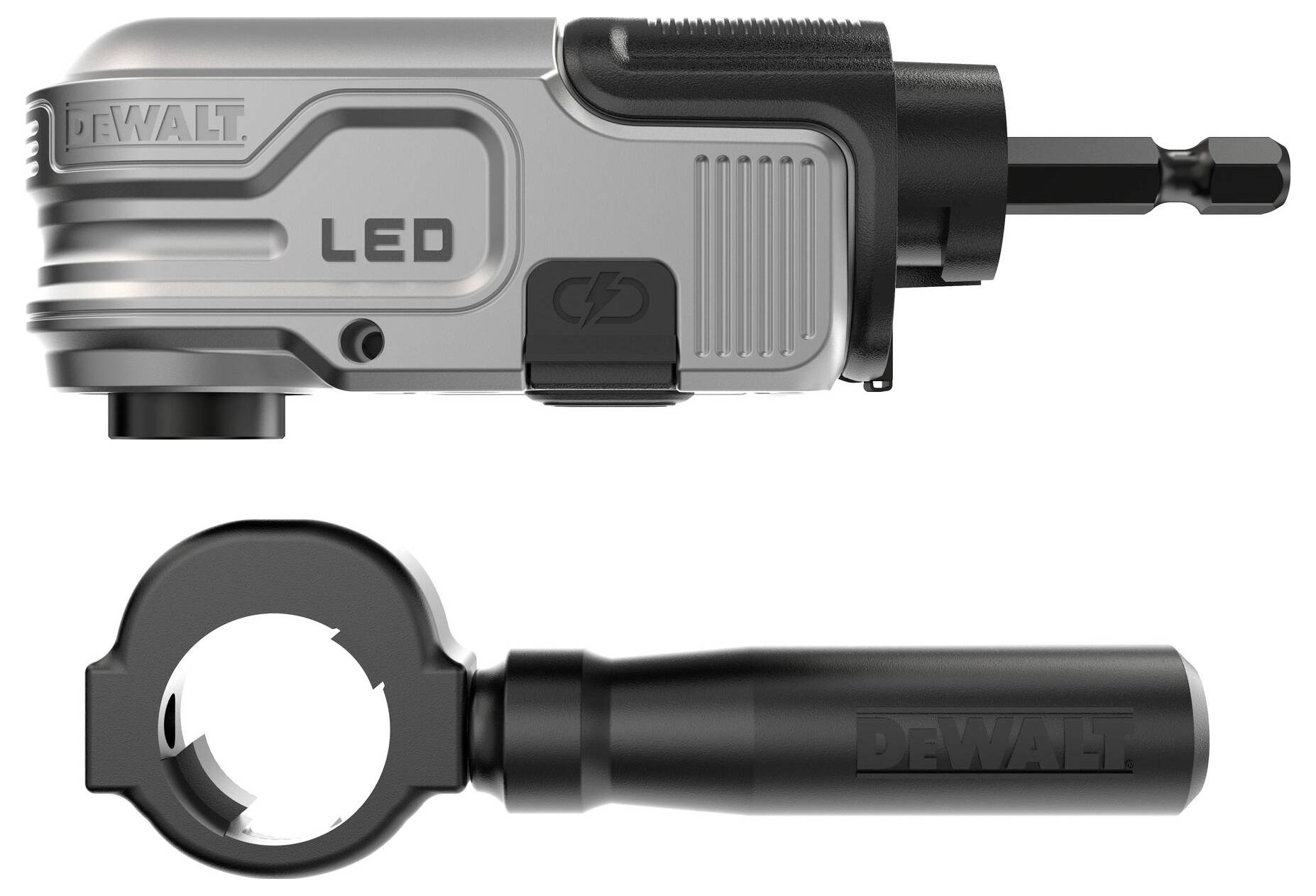 Un adaptateur angulaire DeWalt avec éclairage LED pour les endroits difficiles d'accès, et une poignée pour un meilleur contrôle lors du perçage.