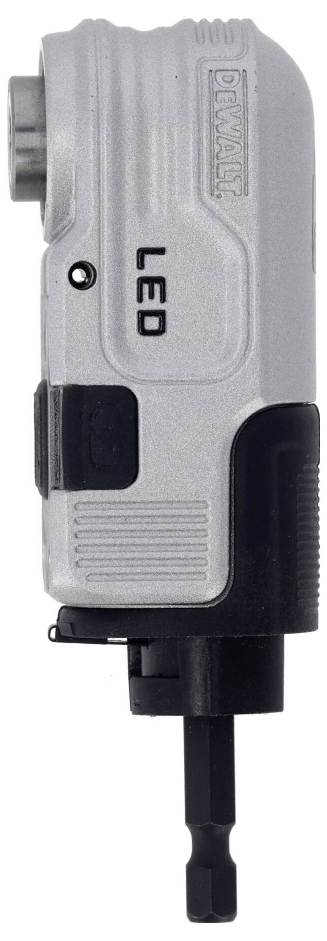 Un embout d'angle à visser en argent, compact, avec poignée noire et éclairage LED. Adapté aux endroits difficiles d'accès.