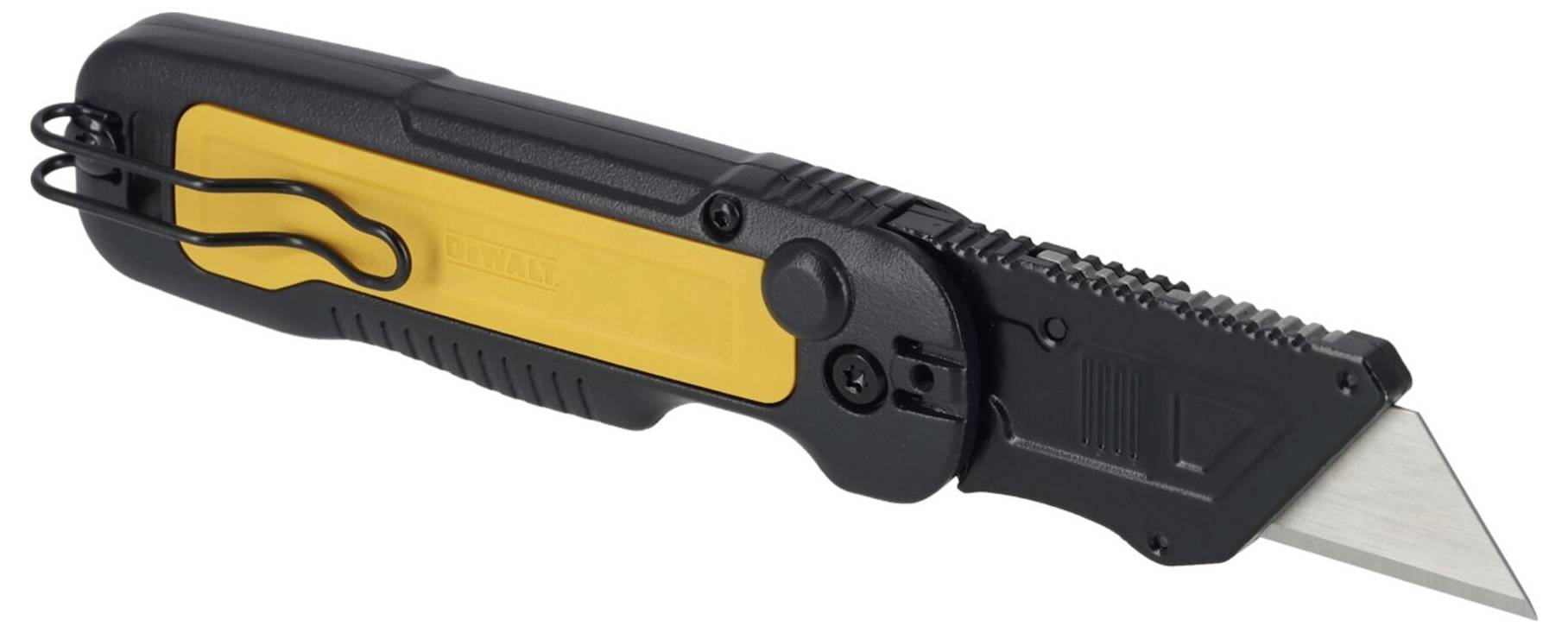 Couteau rétractable pliable avec manche jaune et noir, mécanisme de sécurité et lame escamotable. Adapté aux travaux manuels.