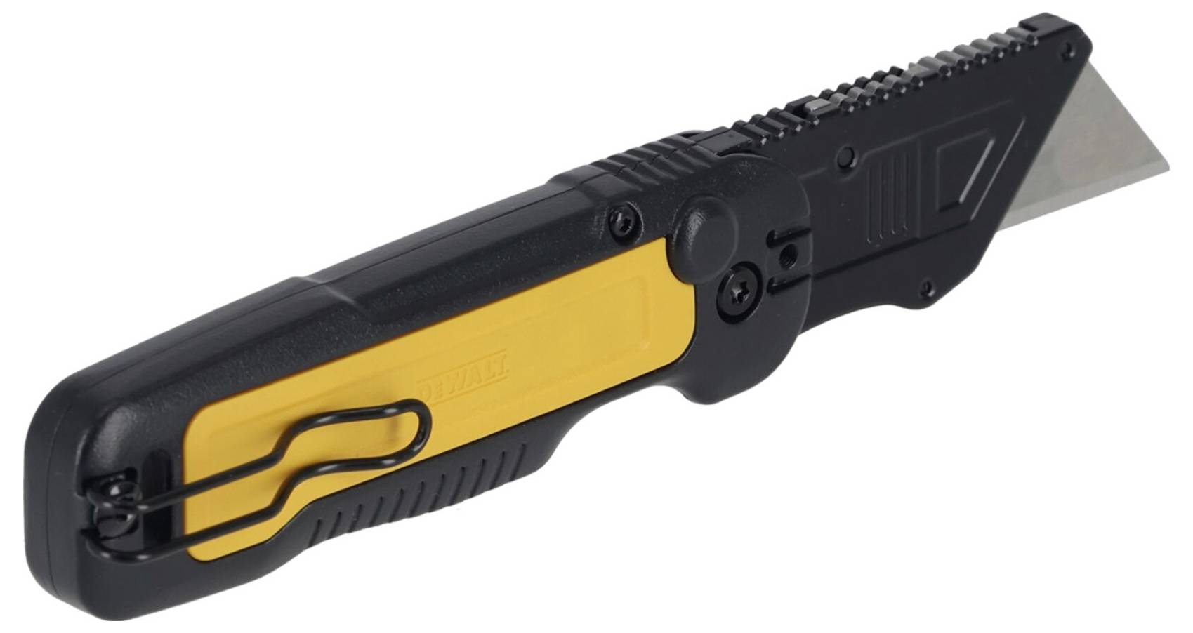 Un couteau-cutter jaune et noir pliable avec un clip sur le côté pour la fixation.