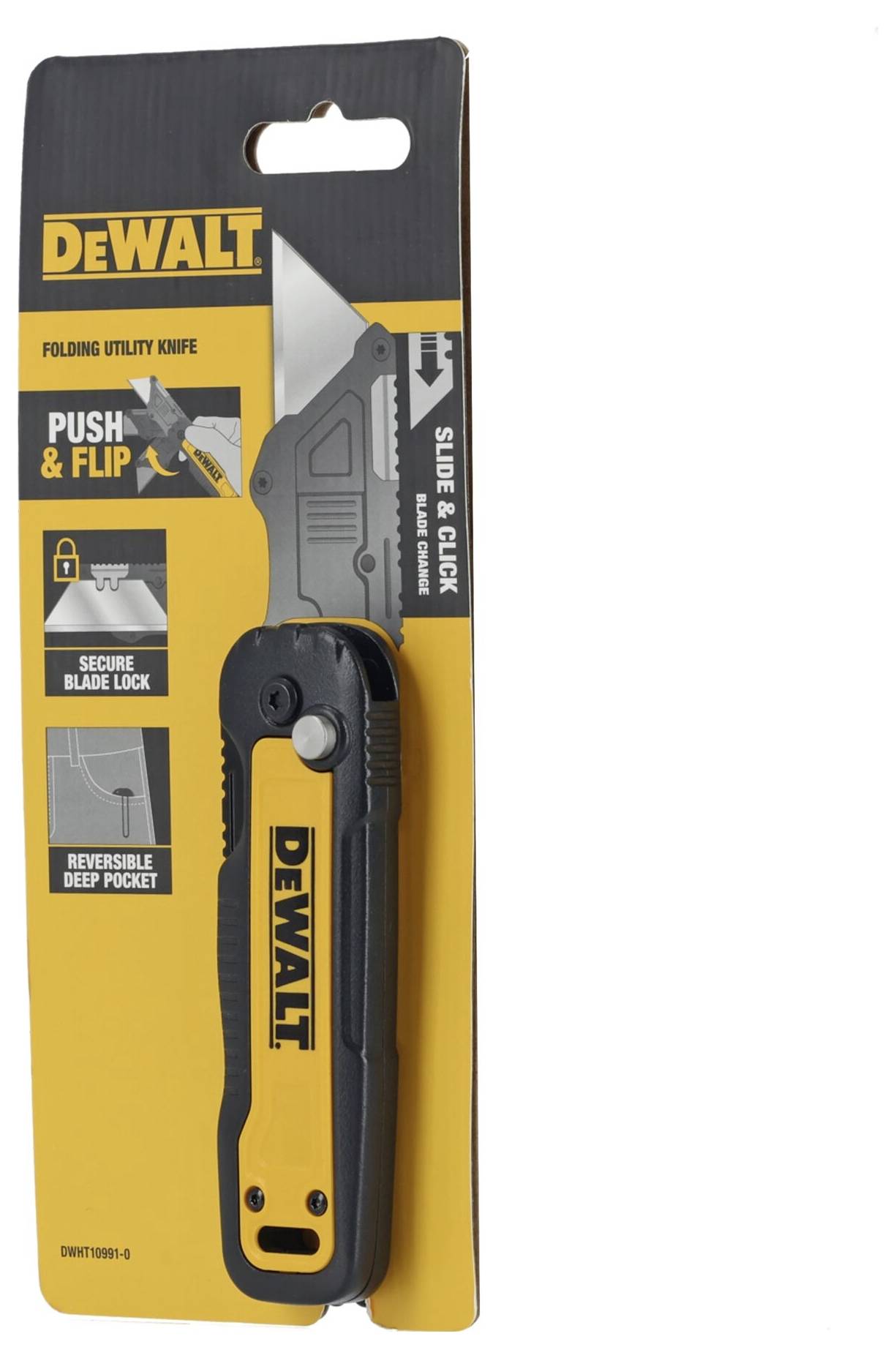 Couteau universel pliable de DeWalt dans un emballage jaune. Caractéristiques : système coulissant et à clic, verrouillage de la lame, pochette réversible.