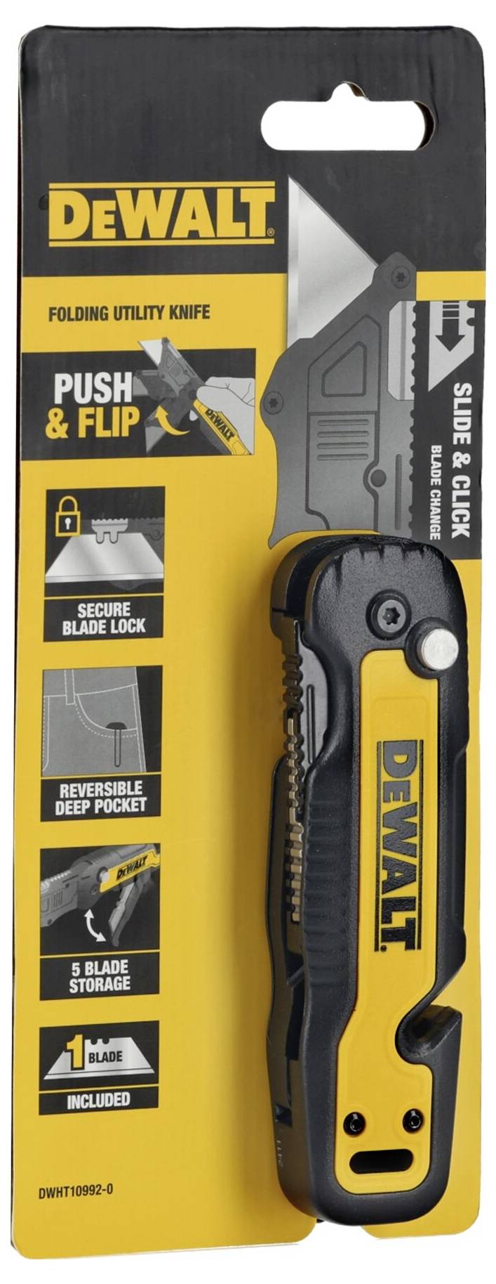 Couteau universel pliable DeWalt dans son emballage. Caractéristiques : Verrouillage de lame sécurisé, clip réversible, rangement pour 5 lames.