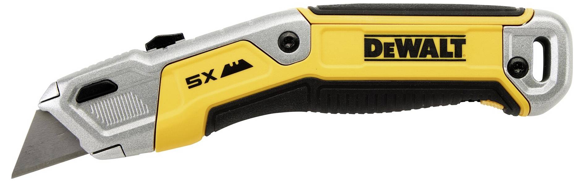 Un couteau universel DeWalt jaune avec manche noir et lame argentée.