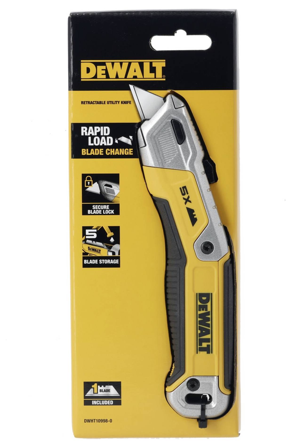 Couteau de poche DeWalt avec manche jaune et noir dans son emballage d'origine. Texte : 'CHARGEMENT RAPIDE', 'CHANGEMENT DE LAME', 'VERROUILLAGE SÉCURISÉ DE LA LAME'.