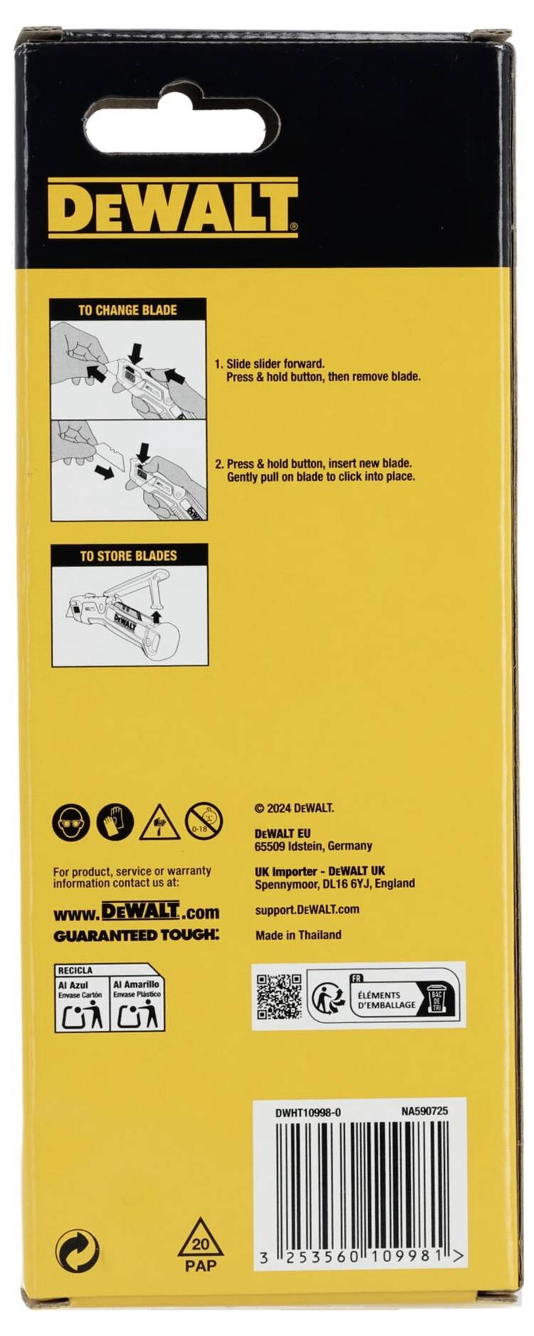 Dos d'un emballage DeWALT avec des instructions pour le changement et le stockage des lames. Comprend des logos et un code-barres.