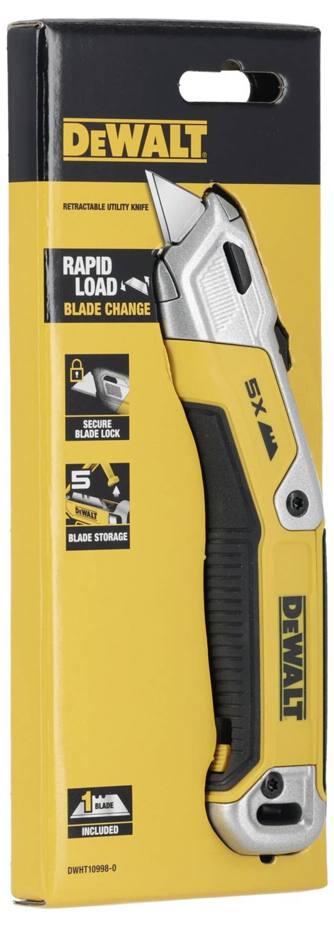 Couteau universel DEWALT, jaune et noir, en présentoir de packaging. Caractéristiques : fonction de chargement rapide, verrouillage sécurisé, rangement des lames.