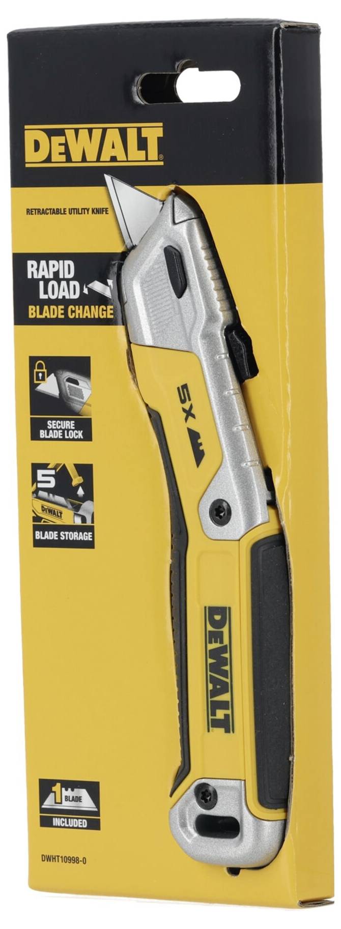 Emballage d'un couteau universel DeWalt avec lame rétractable et manche jaune. Caractéristiques : changement rapide de lame, verrouillage sécurisé de la lame.