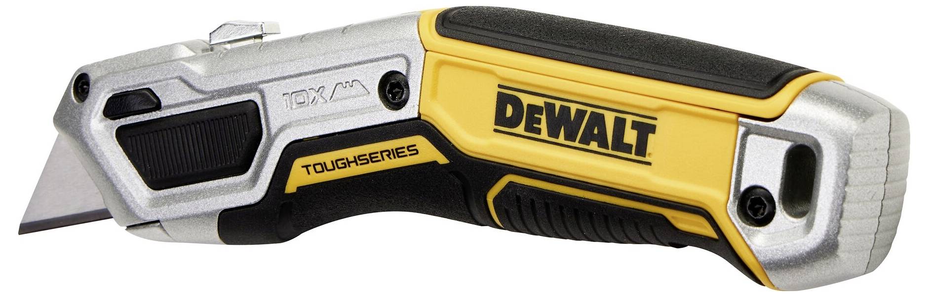 Un couteau universel argent et jaune de la marque DEWALT issu de la "TOUGHSERIES", avec un manche noir et une lame rétractable.