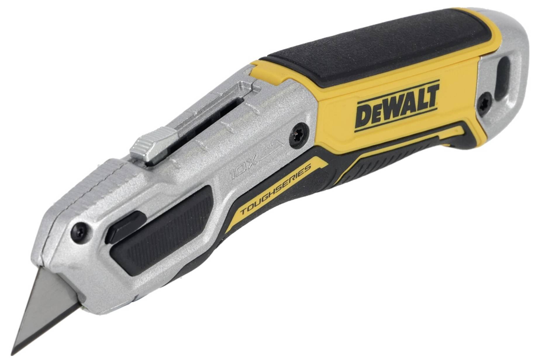 Un couteau universel jaune et noir portant l'inscription 'DEWALT' sur le côté de la poignée, adapté aux travaux de coupe.