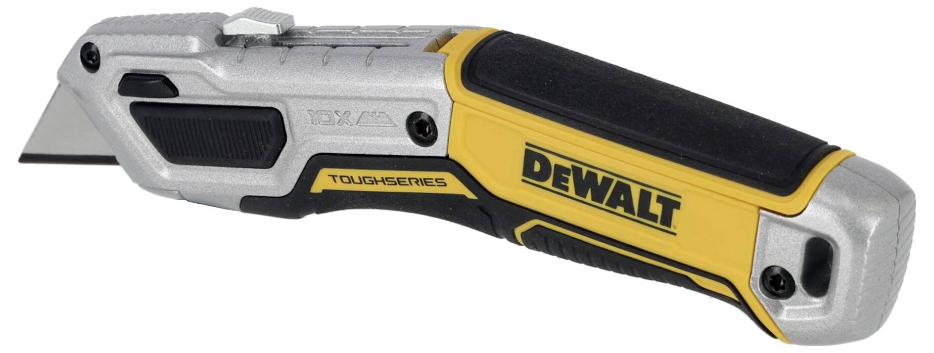 Un couteau universel jaune et noir de la marque DeWalt, doté d'une poignée ergonomique, adapté aux travaux de coupe précis.