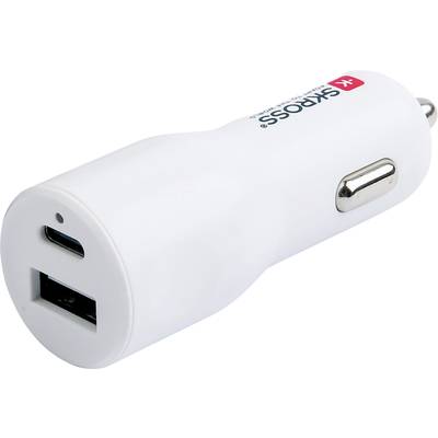Chargeur de voiture USB blanc à deux ports, un port USB-A et un port USB-C. Un logo rouge est visible sur le dessus. Adapté pour charger des appareils dans la voiture.