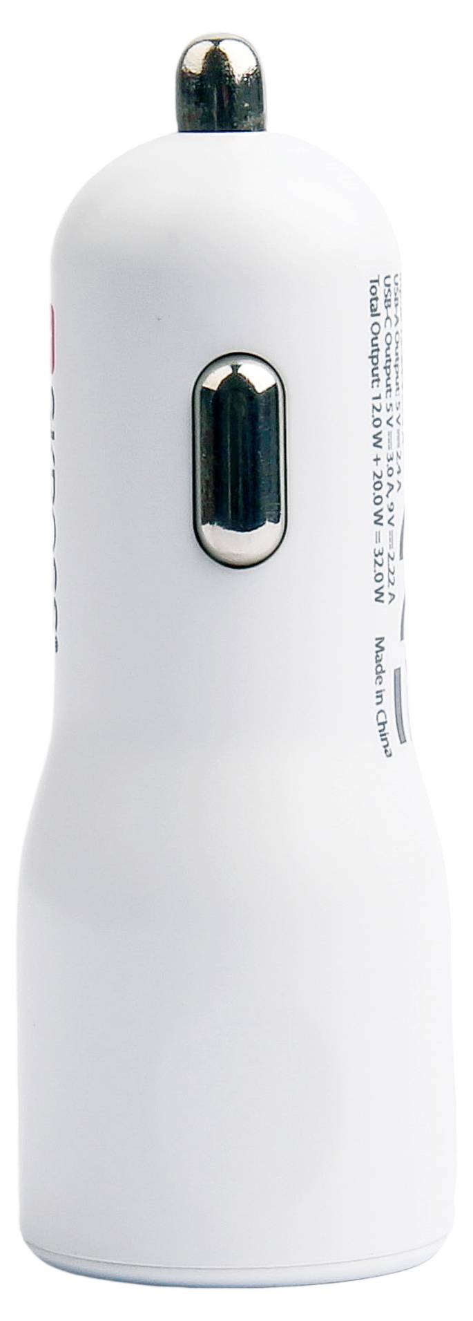 Chargeur de voiture blanc avec port USB, vue de côté, pointe métallique en haut pour la prise allume-cigare, compact et cylindrique.