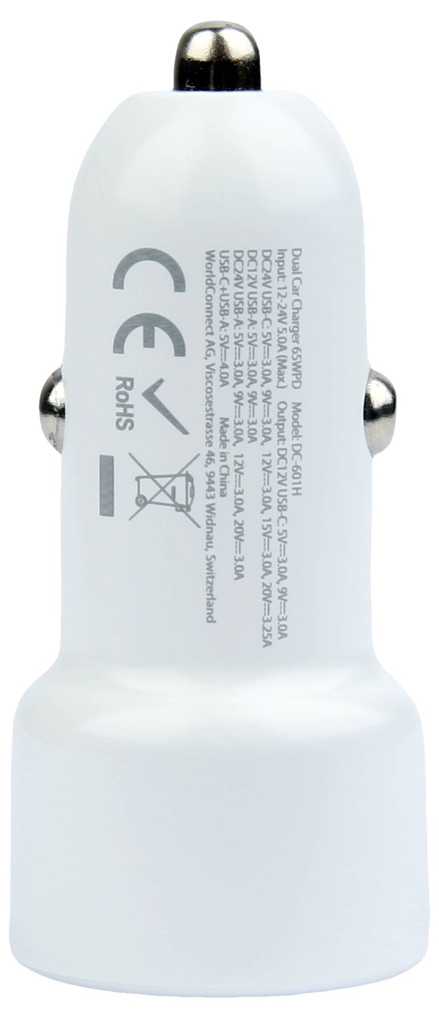 Chargeur de voiture blanc avec marquage CE et RoHS.