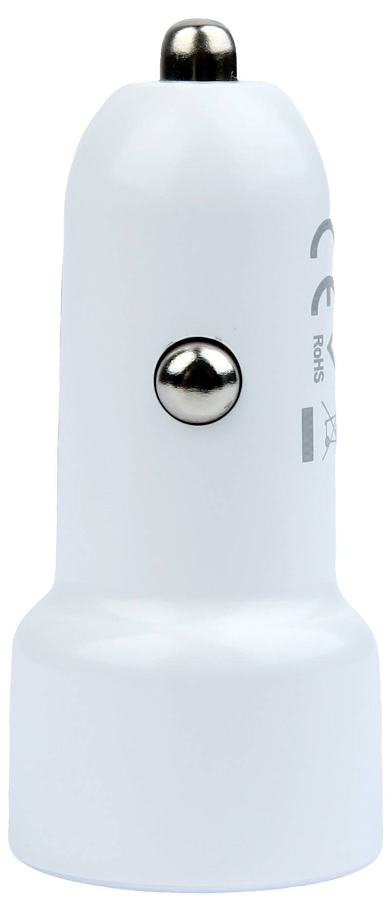 Un chargeur de voiture blanc avec un contact métallique sur le dessus et un bouton latéral pour se connecter à la prise allume-cigare de la voiture.