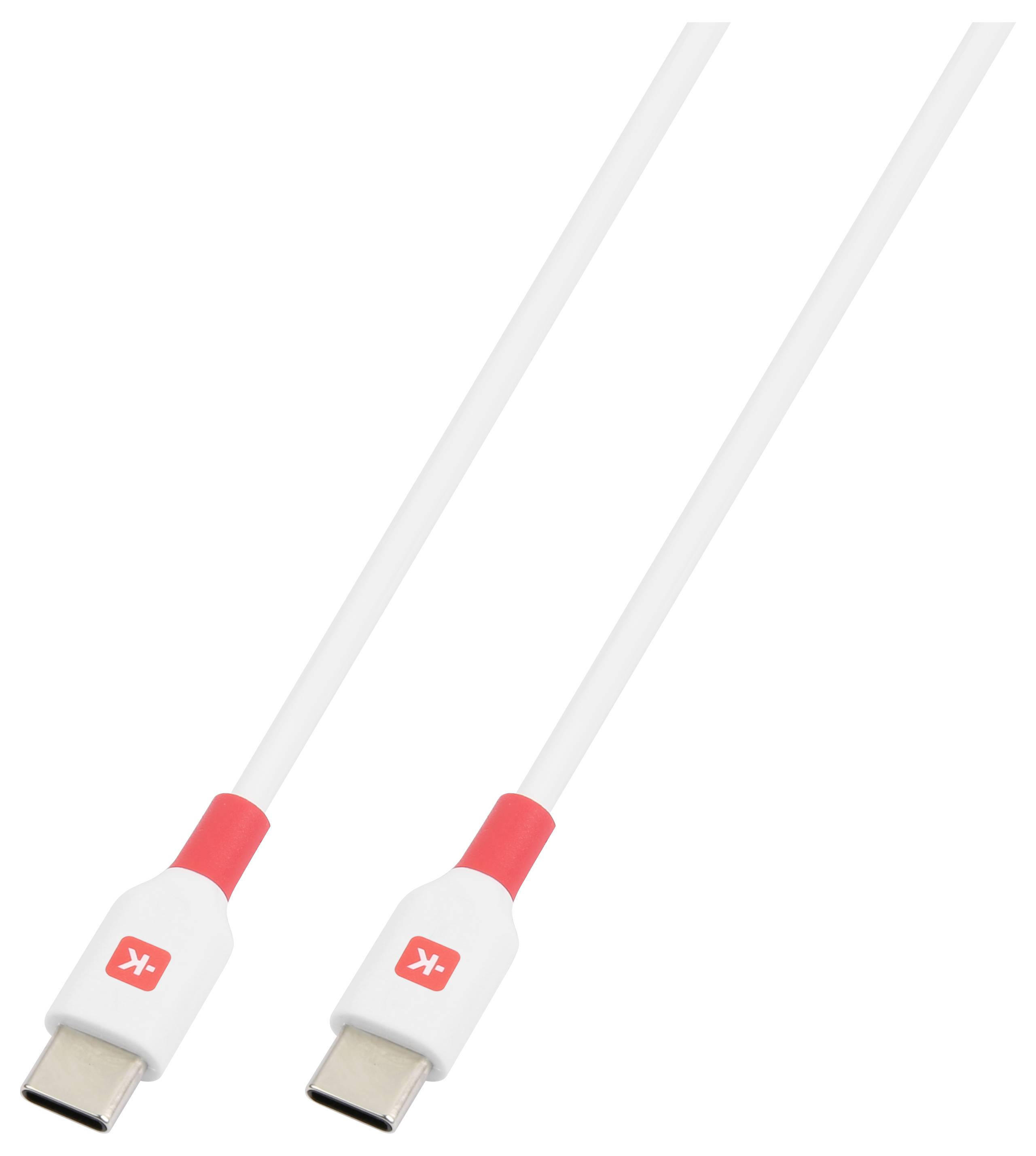 Un câble USB-C blanc avec des accents rouges et un petit symbole sur les connecteurs.