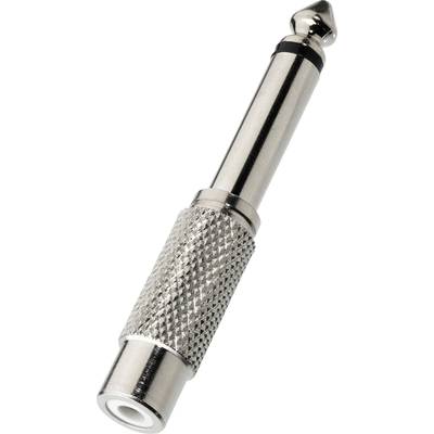 Un adaptateur jack argenté avec une fiche 6,3 mm et un port 3,5 mm. Idéal pour les connexions audio entre les fiches jack de grand et petit diamètres.