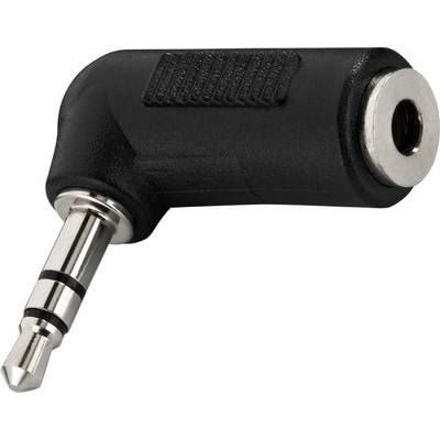 Un adaptateur stéréo coudé de 3,5 mm avec connecteurs jack mâle et femelle en noir, adapté aux casques audio ou aux appareils audio.