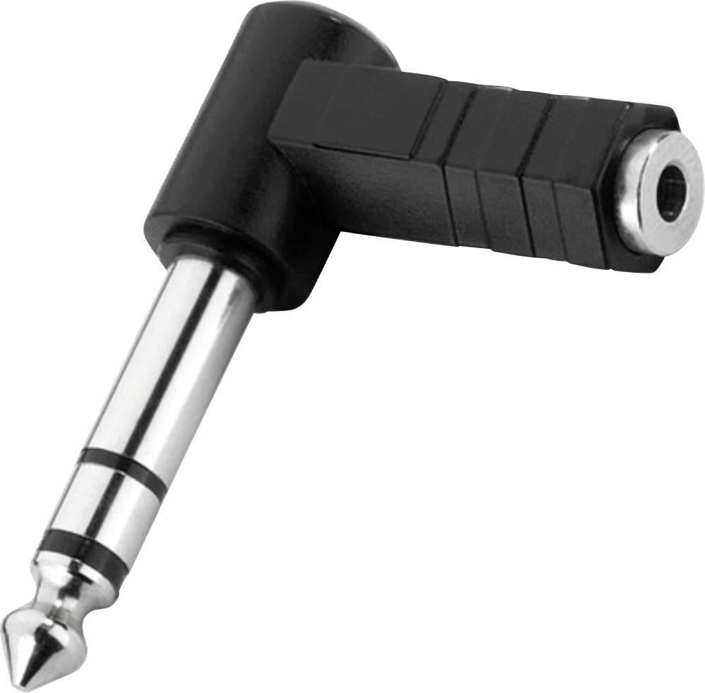 Un adaptateur audio métallique en forme de L avec une fiche jack 6,35 mm et un connecteur femelle, pour le raccordement d'appareils audio.