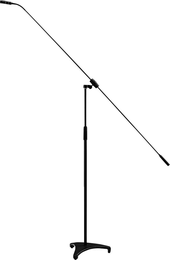 Support de microphone avec bras articulé réglable, en métal noir, sur base ronde. Utilisé pour des prestations musicales ou oratoires.