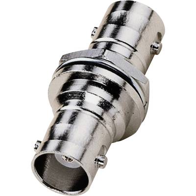 Adaptateur coaxial métallique à embases des deux côtés, servant à connecter des câbles dans un appareil électronique.