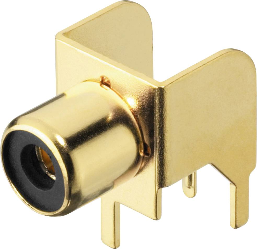 Connecteur RCA doré à trois broches de fixation, fixé sur le côté, adapté aux connexions audio ou vidéo.