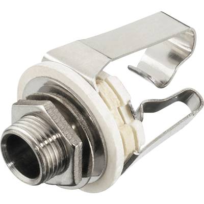 Un connecteur de serrage en métal avec filetage et clip de retenue en acier inoxydable, utilisé pour sécuriser des câbles ou des fils sur des surfaces.
