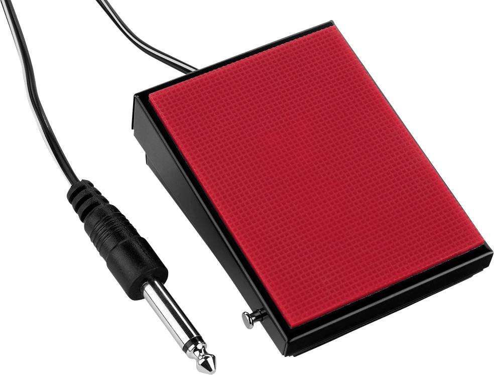 Une pédale rouge avec un câble et une prise jack, souvent utilisée pour des instruments de musique ou des dispositifs d'effets.