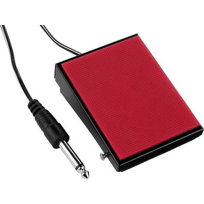 Une pédale rouge avec un câble et une prise jack, souvent utilisée pour des instruments de musique ou des dispositifs d'effets.