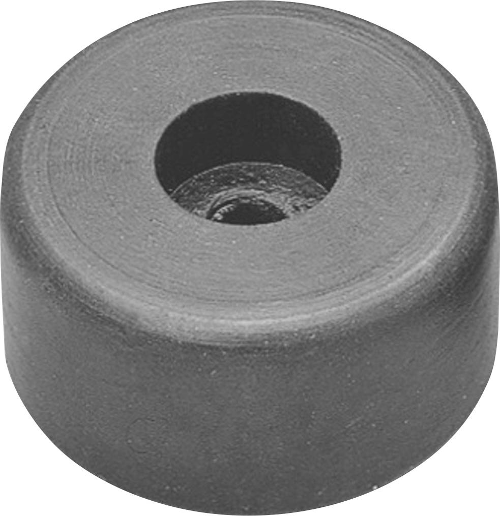 Pièce ronde en caoutchouc noir avec un trou central, semblable à un joint ou à un amortisseur, sur un fond neutre.