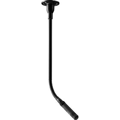Un microphone noir à col de cygne flexible, fixé à un support de plafond.