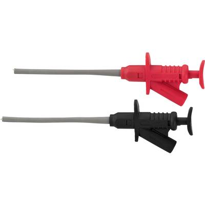 Deux aiguilles médicales : une rouge et une noire, toutes deux pourvues de tubes gris. Elles sont disposées parallèlement, leur fonction restant indéterminée.