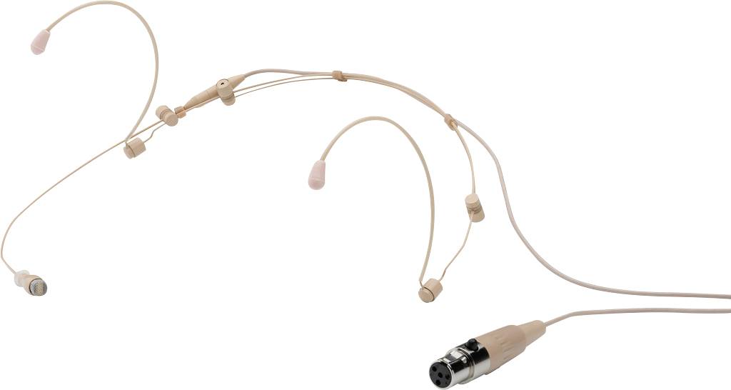Microphone-casque de couleur chair avec bras flexible et connexion XLR, adapté aux présentations et performances sur scène.
