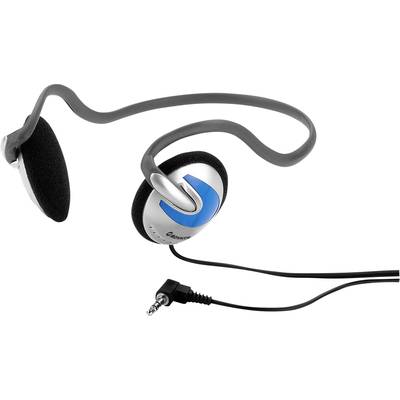 Une paire d'écouteurs gris avec arceau de nuque et détails bleus, munis d'un câble avec jack 3,5 mm, posés sur une surface blanche.