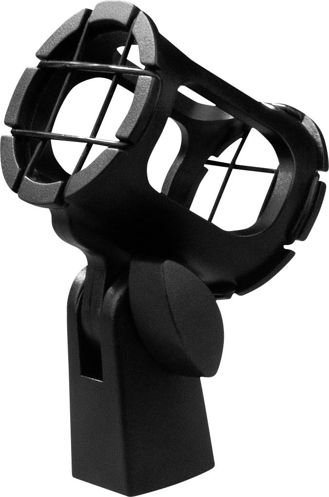 'Support de microphone noir en plastique avec clip réglable et grille, adapté à divers modèles de microphones.'