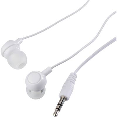 Écouteurs intra-auriculaires blancs avec câble et connecteur jack 3,5 mm.