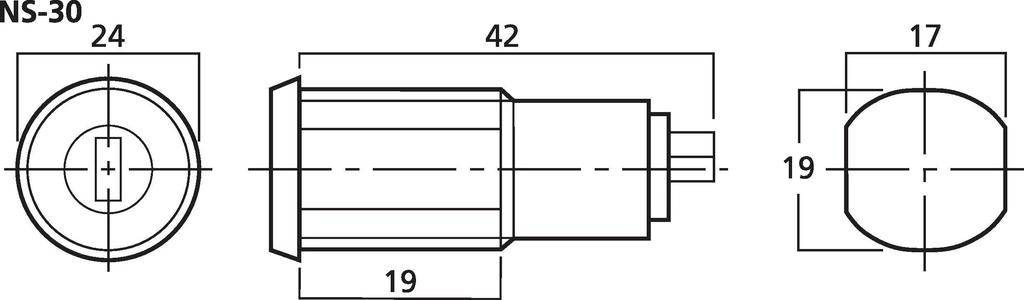 Dessin technique d'une pièce cylindrique avec les dimensions suivantes : longueur 42 mm, diamètre avant 24 mm, arrière 19 mm, hauteur 17 mm.