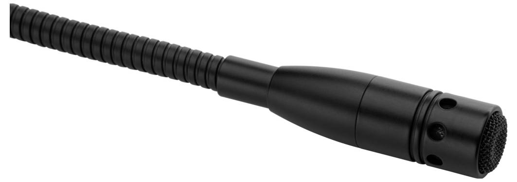 Un microphone col de cygne noir avec un col structuré et une capsule ronde.