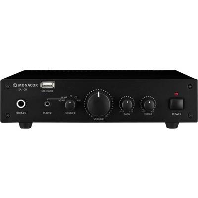 Amplificateur audio noir avec contrôle du volume, réglage des graves et des aigus. Connexions pour casque et fonction de charge USB visibles.