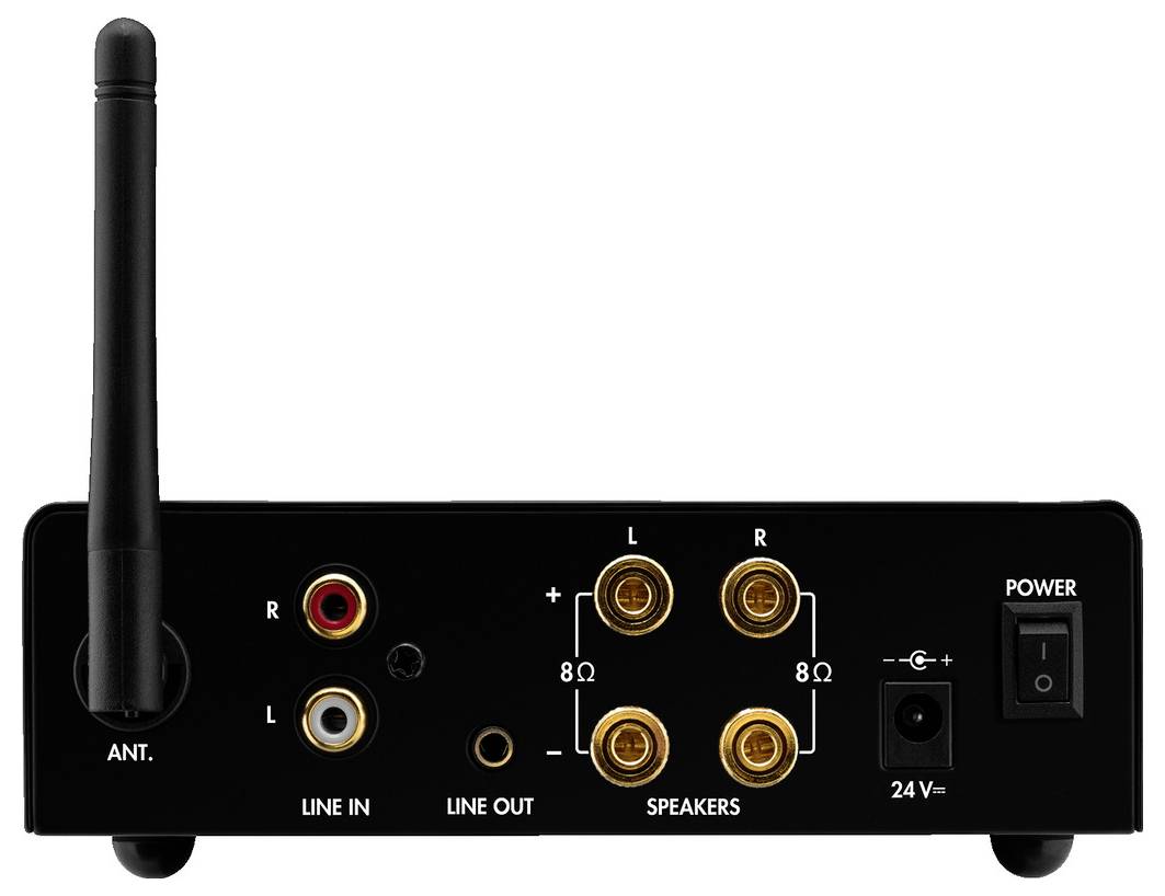 Arrière d'un appareil audio avec antenne, entrée audio, sortie audio, connexions pour haut-parleurs et interrupteur marche/arrêt.