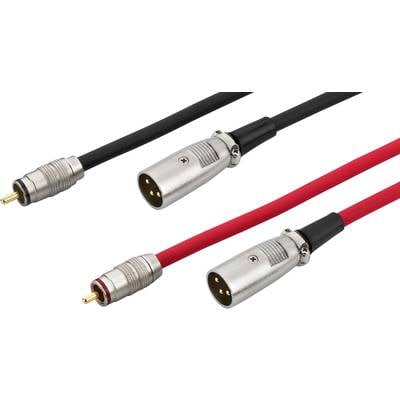 Deux câbles audio : un noir, un rouge. Les deux avec fiches RCA vers fiches XLR. Utilisés pour les connexions audio en studio.