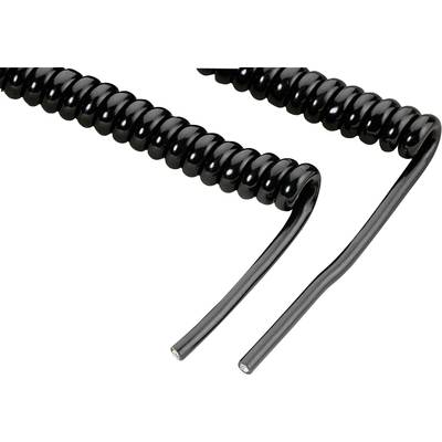 Câbles spiralés noirs sur fond blanc, deux extrémités avec des segments de câble lisses visibles.