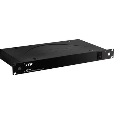 Un adaptateur noir de 19 pouces pour montage en rack avec logo JTS et interrupteur, utilisé pour la connexion et la distribution de signaux HF dans les systèmes audio.
