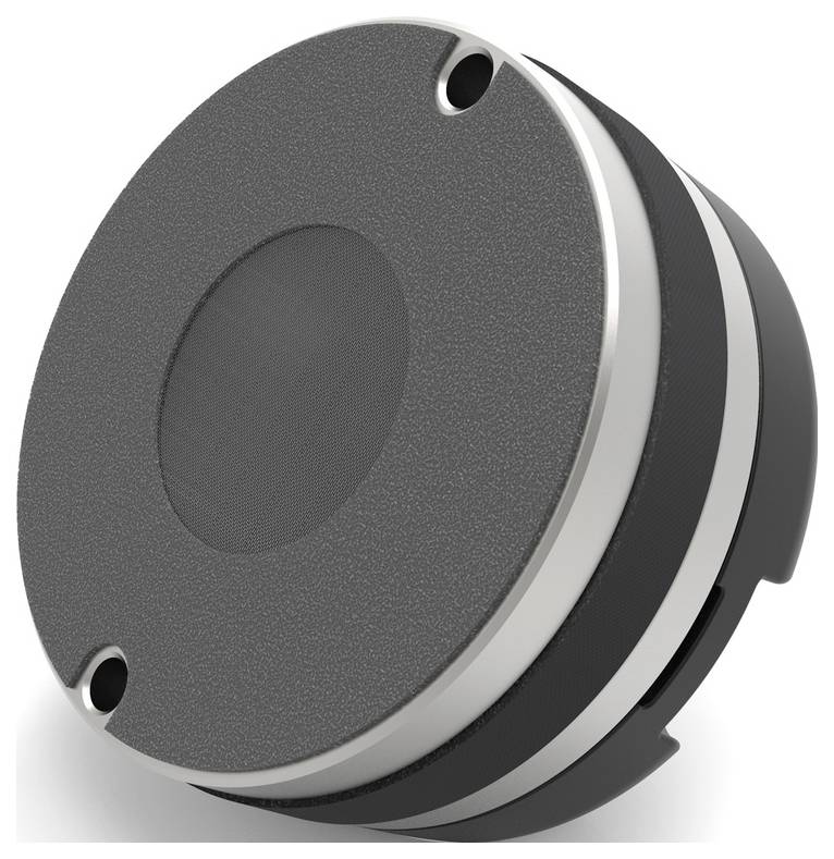 Haut-parleur gris, rond, avec deux petites ouvertures sur le dessus. Design compact pour transmission musicale sans fil.