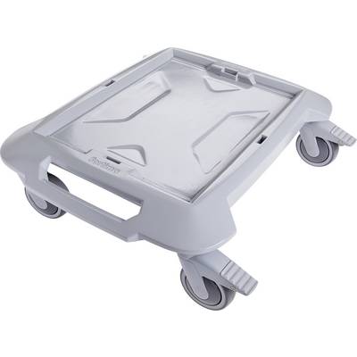 Une planche grise à roulettes avec quatre roues et une poignée. Conçue pour le transport d'objets lourds.