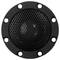 Haut-parleur rond avec grille noire, entouré d'un cadre circulaire perforé.