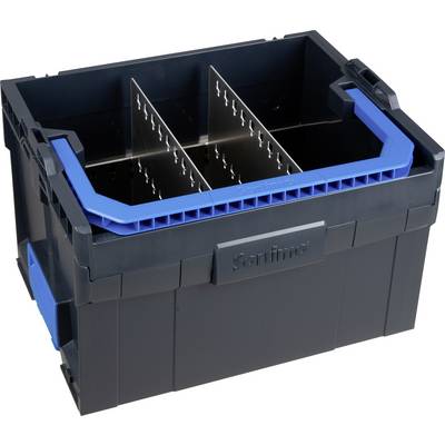 Une boîte en plastique noir avec des poignées bleues et des cloisons amovibles pour le rangement et l'organisation d'objets.